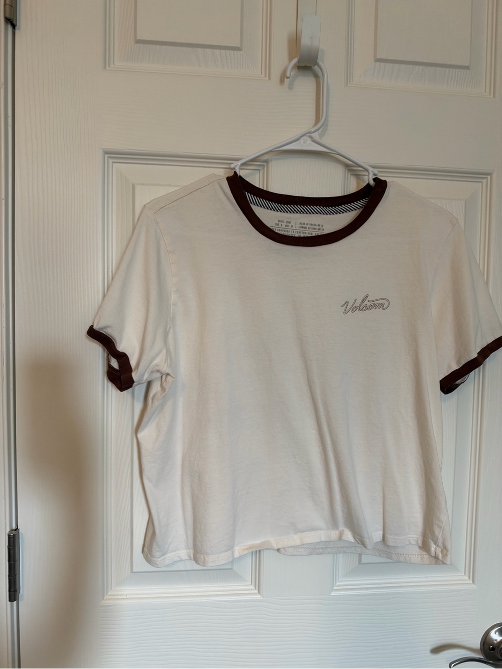 Volcom Cream Crop Ringer Tee with Brown Trim
